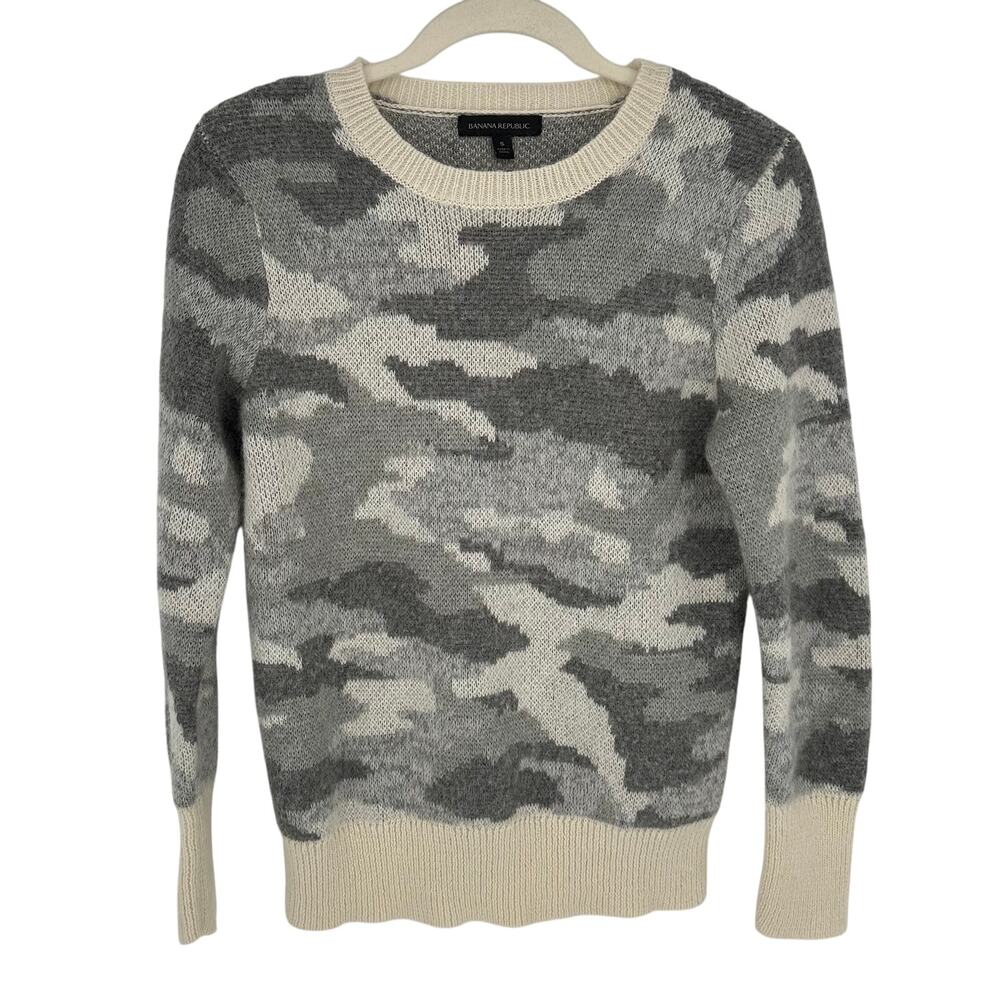 Banana Republic Wool Mohair Blend Sweater Gray Camo Crewneck Knit Soft Winter S